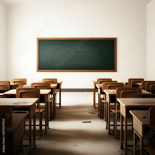 a classroom with a green chalkboard on the wall and a picture of a green board on the wall, a classroom with a chalkboard that says the word on it. 