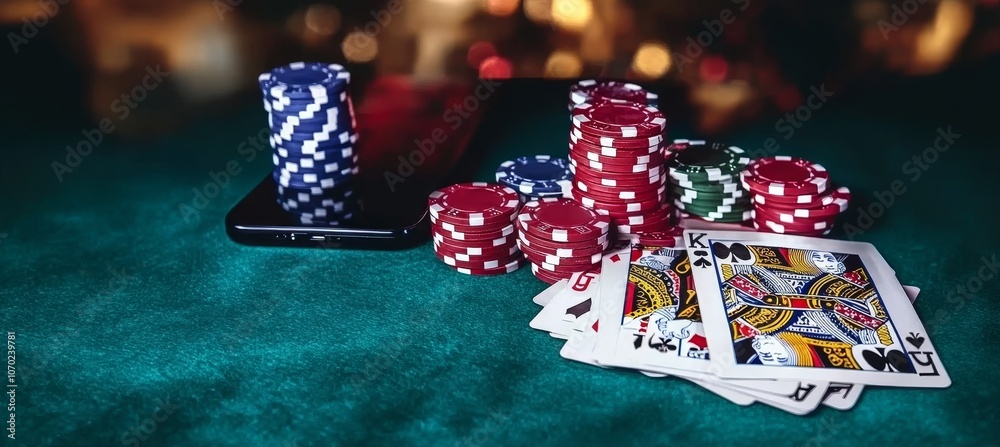 Fototapeta premium Poker Chips, Playing Cards, and Smartphone on Green Felt Table for Online Casino Gambling Concept