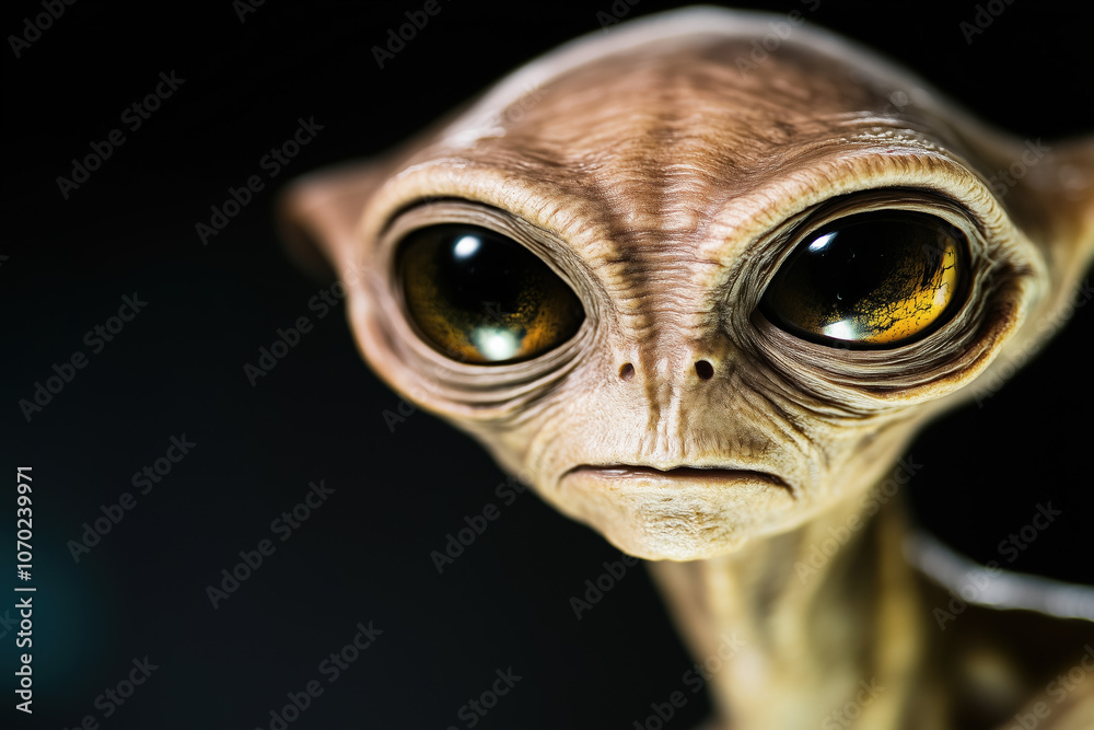 Intriguing Alien Close-Up with Intense Expression and Strong Shadows, Mysterious Sci-Fi Atmosphere on Dark Background Intriguing Alien Close-Up with Intense Expression and Strong Shadows, Mysterious Sci-Fi Atmosphere on Dark Background