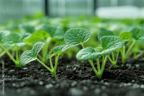 Young cucumber seedlings sprouting in a greenhouse. Generative AI photo