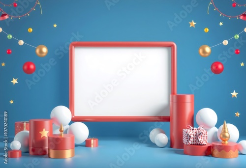 Festive Christmas scene with red, gold and white ornaments, gifts and blank frame.