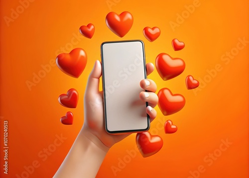 Cartoon Hand Holding Smartphone, Empty Display, Hearts, Orange Background, 3D Render, Social Media Design