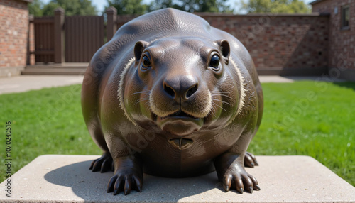 A detailed groundhog statue sitting on a stone surface in a garden setting