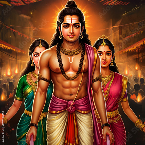 Majestic image of Lord Kartikeya with a strong aura, flanked by his consorts Valli and Deivanai, representing valor, protection, and divine unity photo