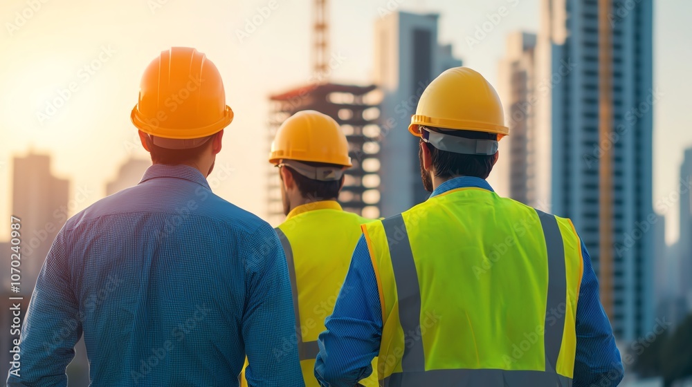 Team of engineers discussing a futuristic skyscrapers design, glass panels being installed, city skyline in the background, wideangle Team of engineers discussing a futuristic skyscrapers design, glass panels being installed, city skyline in the background, wideangle