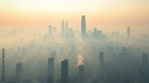 Towering Towers, Troubled Skies: A City Choked by Overpopulation.Dystopian future, overpopulation, environmental pollution, urban decay, urban sprawl, environmental degradation, climate change. photo