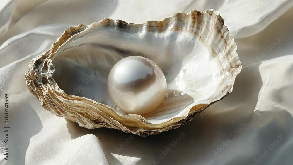 Oyster shell gracefully unveiling a stunning pearl nestled on luxurious white silk fabric