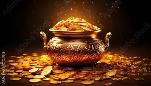 Pot full of golden coins for Indian Dhanteras  photo