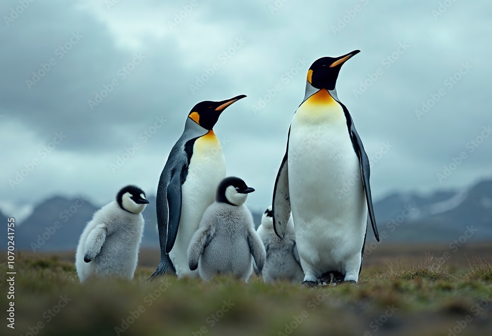 Fototapeta premium A group of emperor penguins standing on a grassy field with a cloudy sky in the background
