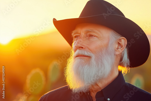 Senior Cowboy with Gray Beard and Black Hat in Desert Landscape at Sunset, Framed by Cacti with Vibrant Evening Glow and Left Empty Space photo