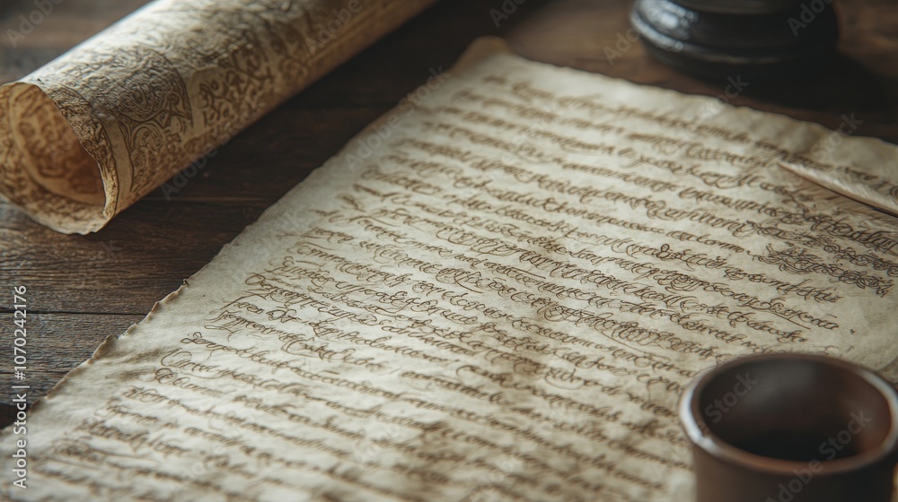 Close-up of a Handwritten Scroll.Concept of history,tradition,and heritage.Symbol of knowledge,wisdom,and learning.Representation of literature,and writing.Implication of secrecy,mystery,and ancient Close-up of a Handwritten Scroll.Concept of history,tradition,and heritage.Symbol of knowledge,wisdom,and learning.Representation of literature,and writing.Implication of secrecy,mystery,and ancient