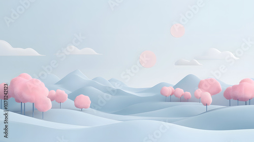 Pastel Pink Trees on a Blue Landscape.