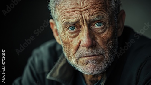  An older man with deep-set, fearful eyes, worried gaze, rugged face, somber background 