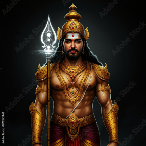 Majestic portrayal of Lord Murugan holding a radiant spear, adorned in traditional golden armor, symbolizing valor and divine protection