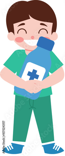 Happy Boy Holding Medicine Bottle  Healthcare Illustration