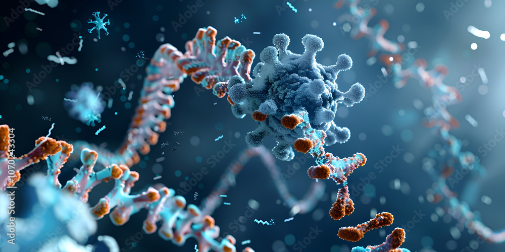 DNA Strand and Virus Interaction Under Microscope, Visualization of Genetic Material Affected by Virus
DNA Strand and Virus Interaction Under Microscope, Visualization of Genetic Material Affected by Virus