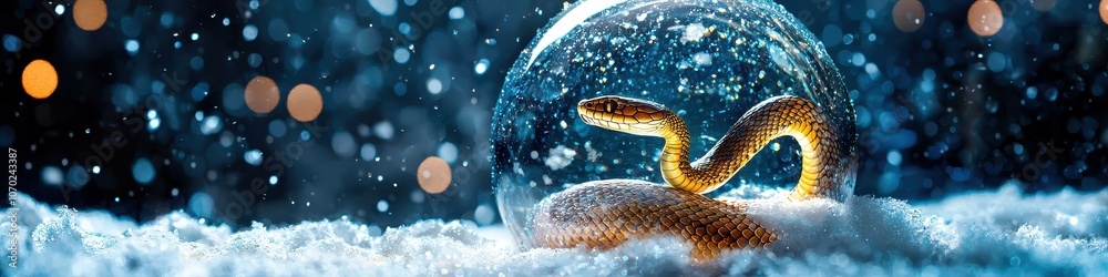 Obraz premium snake in a glass Christmas ball on a stand. selective focus