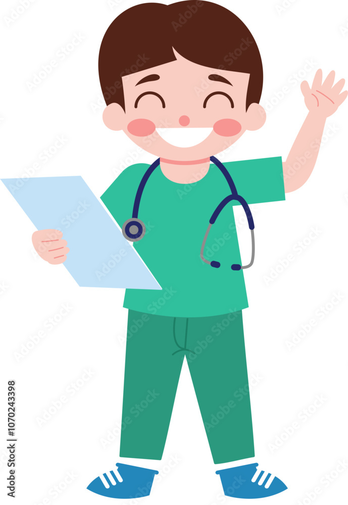 Smiling Doctor Cartoon Character Holding Clipboard and Waving Healthcare Illustration Smiling Doctor Cartoon Character Holding Clipboard and Waving Healthcare Illustration