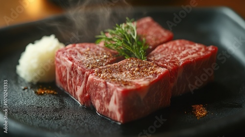 Grilled premium steak served with condiments on a black plate in a warm, inviting dining setting, showcasing marbling and smoky aroma in the early evening light