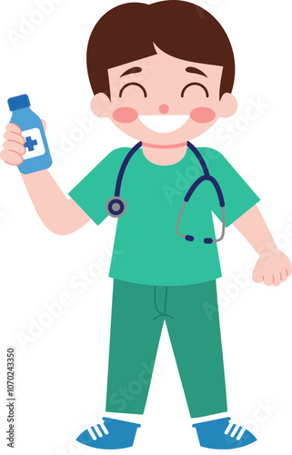 Happy Cartoon Doctor Holding Medicine Bottle   Medical Illustration