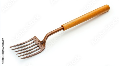 A rust-colored gardening fork with a wooden handle ideal for digging and turning soil photo