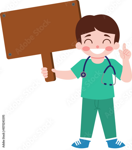 Happy Doctor Holding Blank Wooden Sign  Medical Announcement  Healthcare Professional  Med