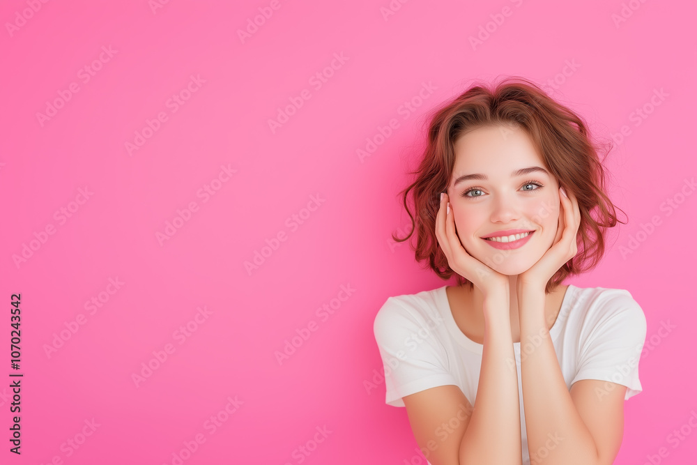 Portrait of Crowned Woman with Confident Expression, Leaning Forward with Hands on Face Against Bright Magenta Background