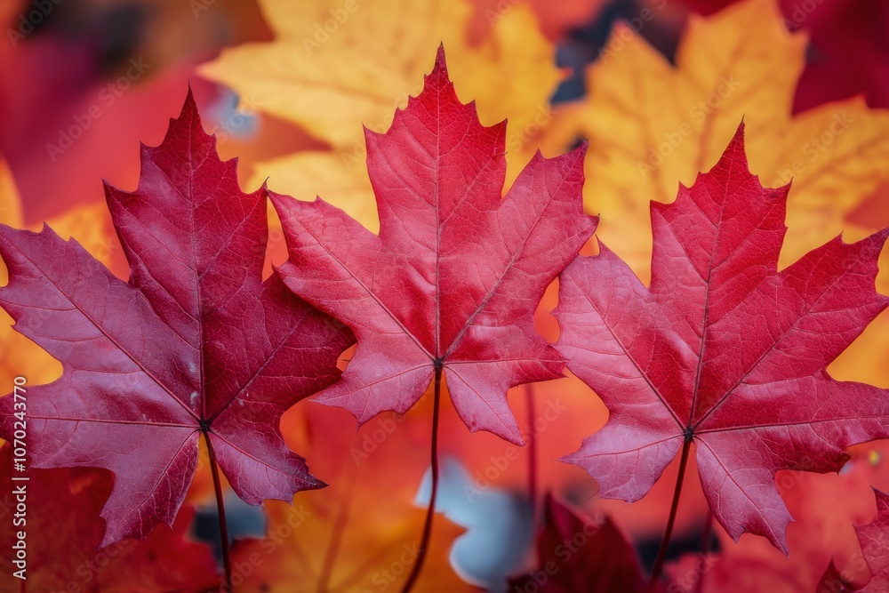 Vibrant autumn leaves in shades of red and orange against a blurred background in nature
