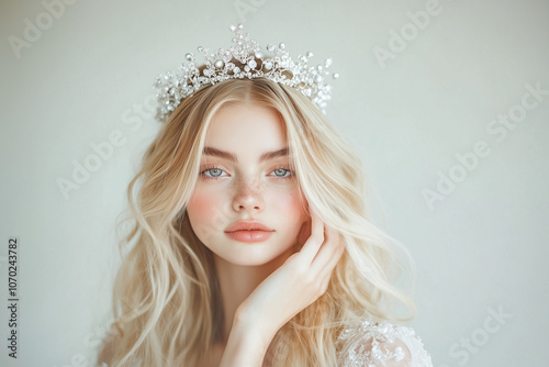 Sophisticated Portrait of Blonde Woman in Sparkling Crown Touching Face on Light Background Highlighting Beauty