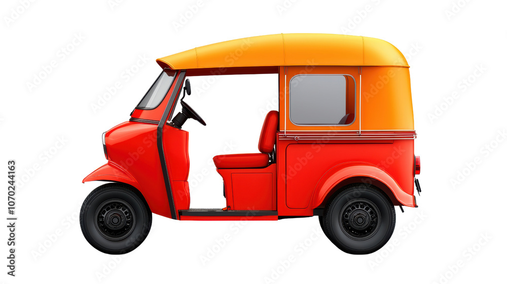 Fototapeta premium vibrant red and orange auto rickshaw with spacious interior, perfect for urban transport. This vehicle showcases unique design and is ideal for city travel
