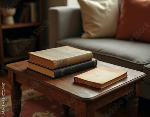 Cozy lifestyle with vintage books on coffee table in warm living room setting photo