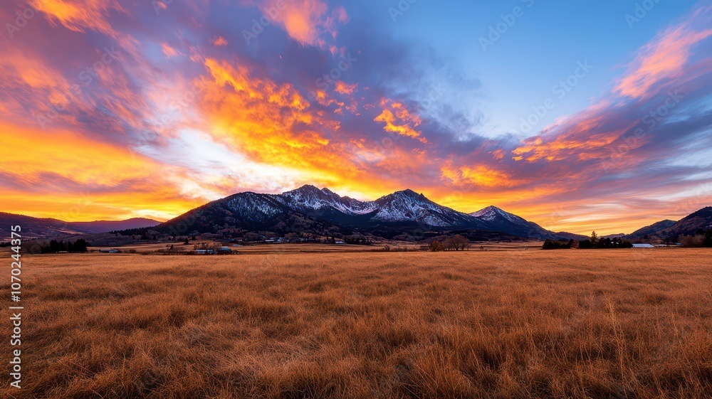 Obraz premium Golden sunrise sky with soft pink clouds, creating a serene and tranquil morning atmosphere.