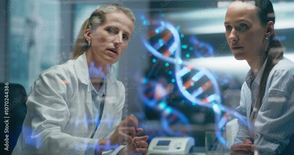 Physician And Patient Examine A Holographic Dna Model. AI-Powered Genomic Analysis Highlights Mutation Hotspots And Therapeutic Targets In Real-Time, Precision Medicine And Targeted Gene Therapies.