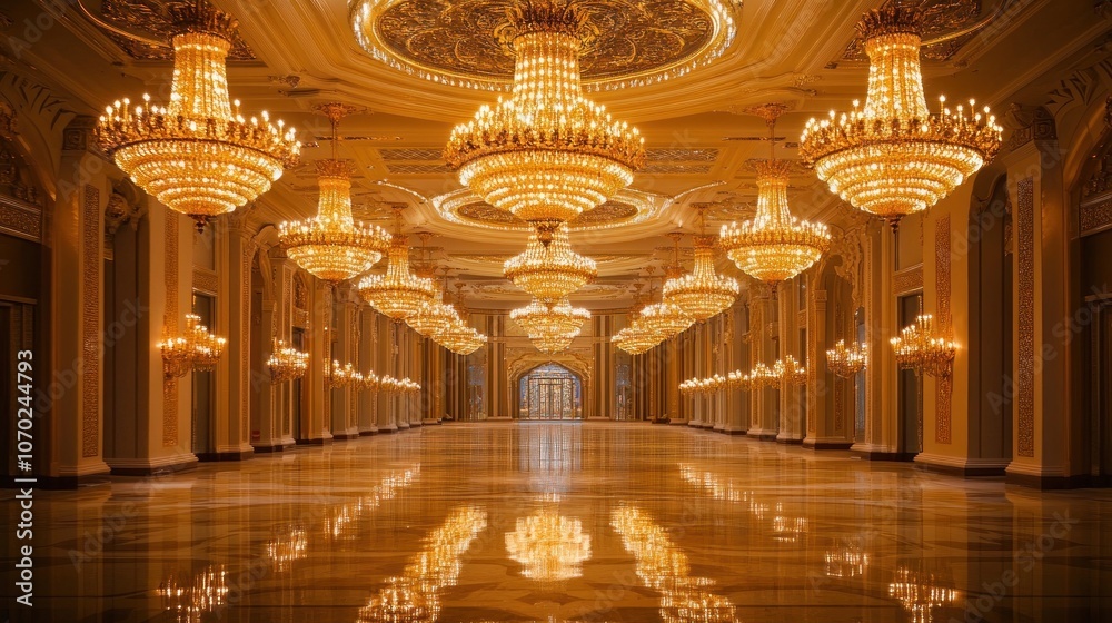 Obraz premium A grand hall adorned with multiple chandeliers, reflecting elegance and luxury.