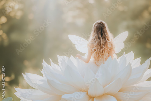 Enchanting Fairy Sitting on a Large Blooming Flower, Gently Touching Petals, Shimmering Wings and Soft Forest Background with Warm Light photo