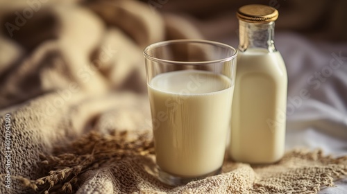  a glass of low-fat milk with a bottle beside it
