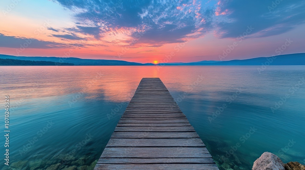 Obraz premium Sunrise over the Lake with a Wooden Dock