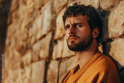 Medieval Knight Leaning Against Stone Wall, Intense Gaze and Warm Sunlight with Blurred Architecture Background photo