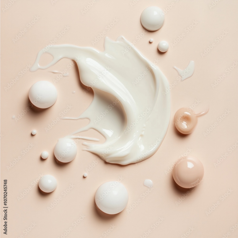 Fototapeta premium Creamy textures and droplets on light beige background