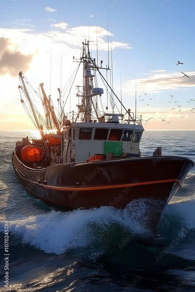 Fototapeta premium Commercial Fishing Vessel at Sunset, Ocean Fishing Industry, Seafood Harvesting on the High Seas.