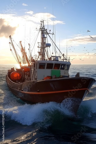 Commercial Fishing Vessel at Sunset, Ocean Fishing Industry, Seafood Harvesting on the High Seas.