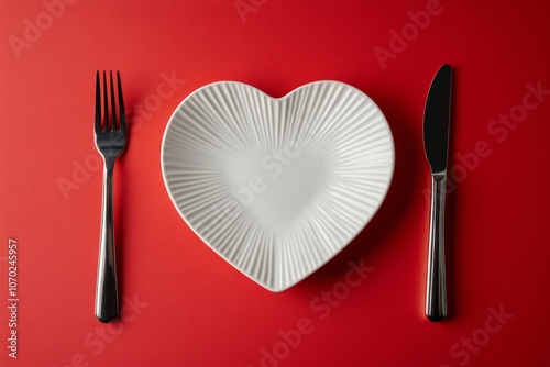 Empty heart shaped plate with utensils on red background, perfect for romantic dining setting photo