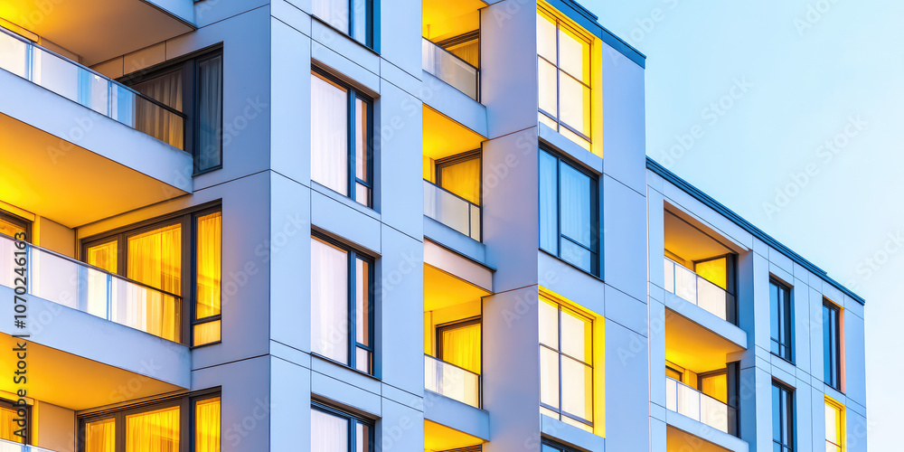 Exterior view of city building with many floors and yellow night lights in windows. Square block house architecture, typical high-rise building in a bedroom community Exterior view of city building with many floors and yellow night lights in windows. Square block house architecture, typical high-rise building in a bedroom community