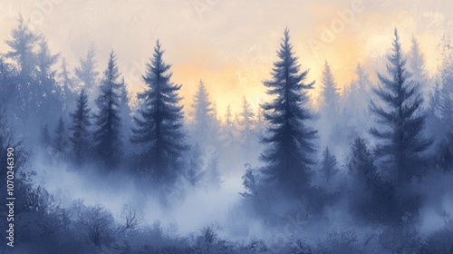 A misty forest landscape capturing early morning tranquility, with dense fog among trees and soft sunlight streaming through.