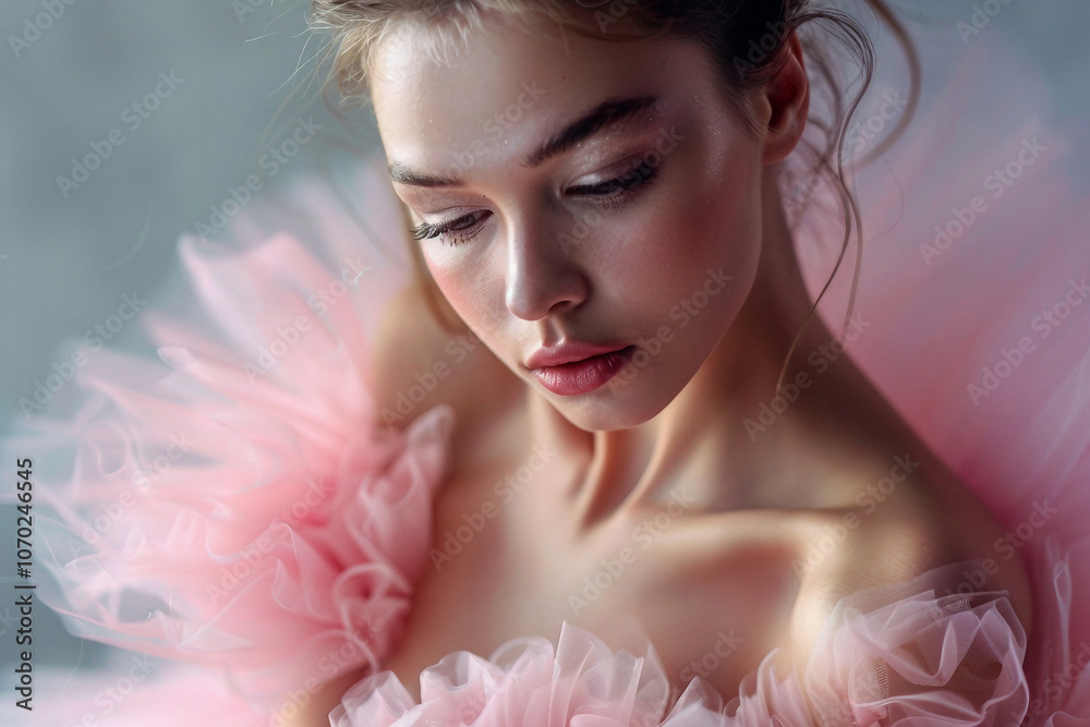 Generative AI Closeup of Young Ballerina in Pink Tulle with Captivating Blue Eyes Generative AI Closeup of Young Ballerina in Pink Tulle with Captivating Blue Eyes