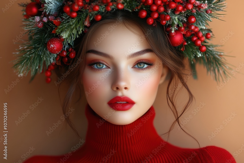 A young woman with striking blue eyes and red lips wears a festive wreath adorned with red berries and evergreen branches, captured during the winter season against a warm backdrop A young woman with striking blue eyes and red lips wears a festive wreath adorned with red berries and evergreen branches, captured during the winter season against a warm backdrop