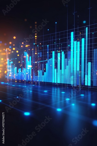 Glossy 3D Chart on Dark Background, Analytics Abstract Technology Wallpaper With Blue Neon lights