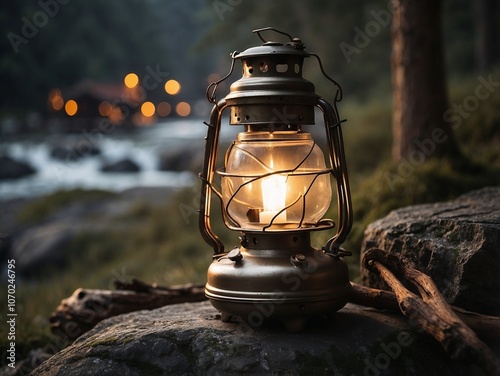 Antique lantern glowing gently on a moss-covered rock by a riverbank, with soft bokeh lights in the distance creating a magical forest evening