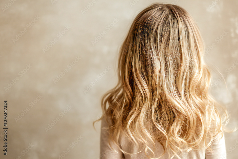Naklejka premium Beautiful blonde girl hair after hair coloring in the salon, shiny locks of hair and new hairstyle