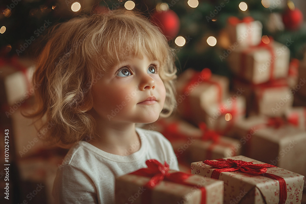 Generative AI cute picture of small child awaiting xmas new year gifts miracle atmosphere Generative AI cute picture of small child awaiting xmas new year gifts miracle atmosphere